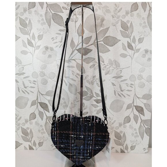 Betsey Johnson multicolor tweed plaid heart crossbody w guitar strap - Picture 7 of 7